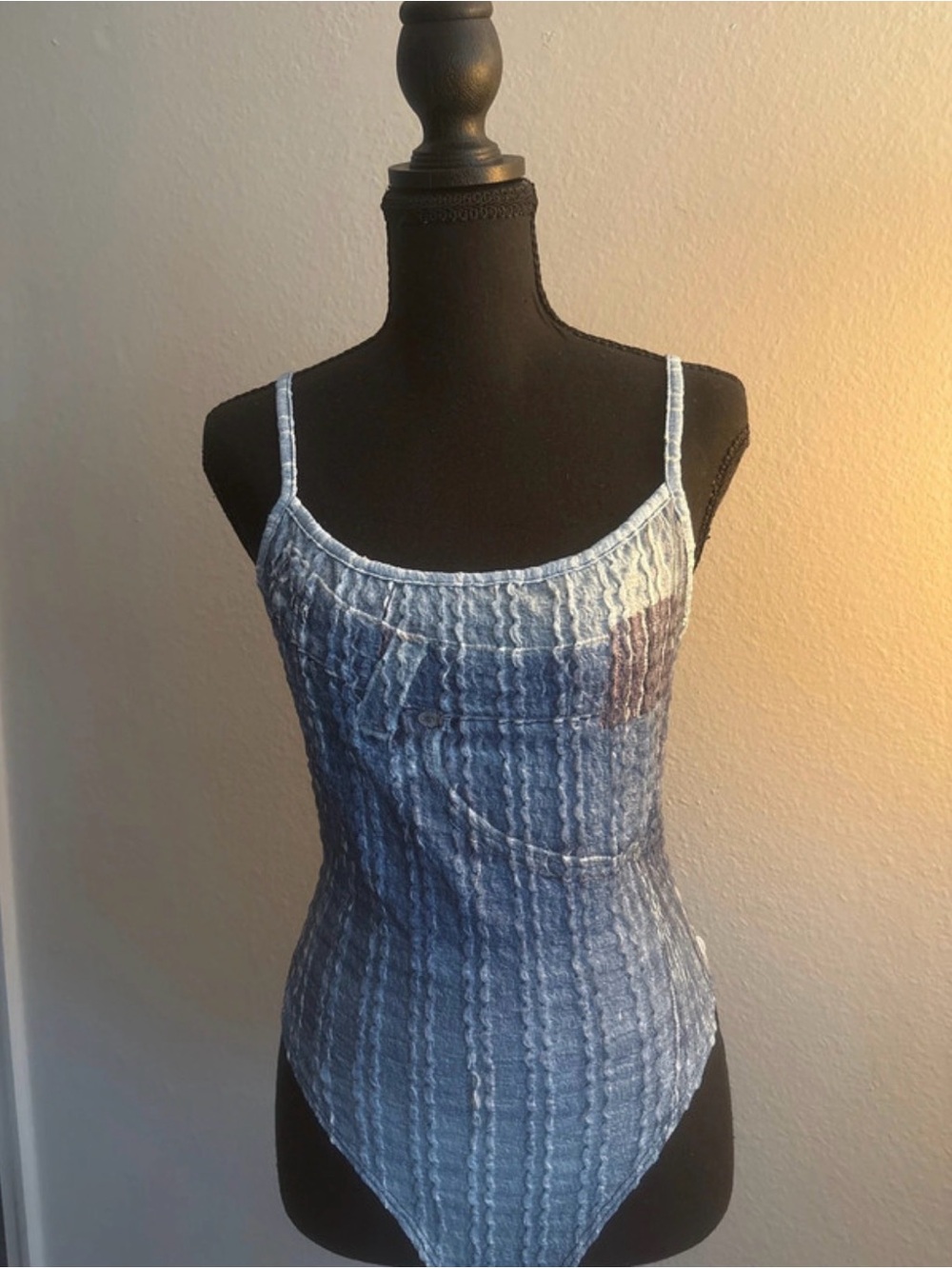 NWOT Women’s Blue Denim Print Smocked Cami Bodysuit